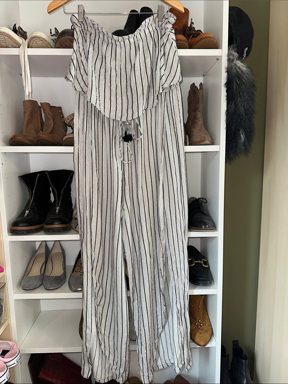 Striped Off-Shoulder Wide-Leg Jumpsuit in White, Gold and Black